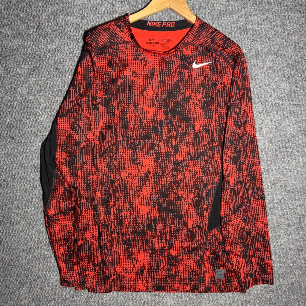 Nike Pro Mens Dri-FIT Long Sleeve Shirt Red Black Glitch Camo SZ XXL 688738-671